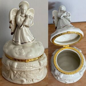Vintage Porcelain Angel Playing Harp Hinged Trinket Box